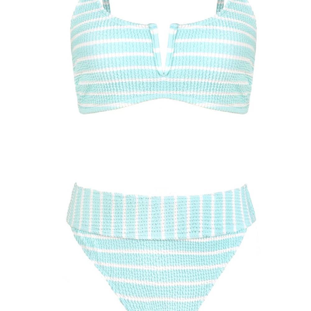 Light Blue Striped V Wire bikini set with high rise bottoms